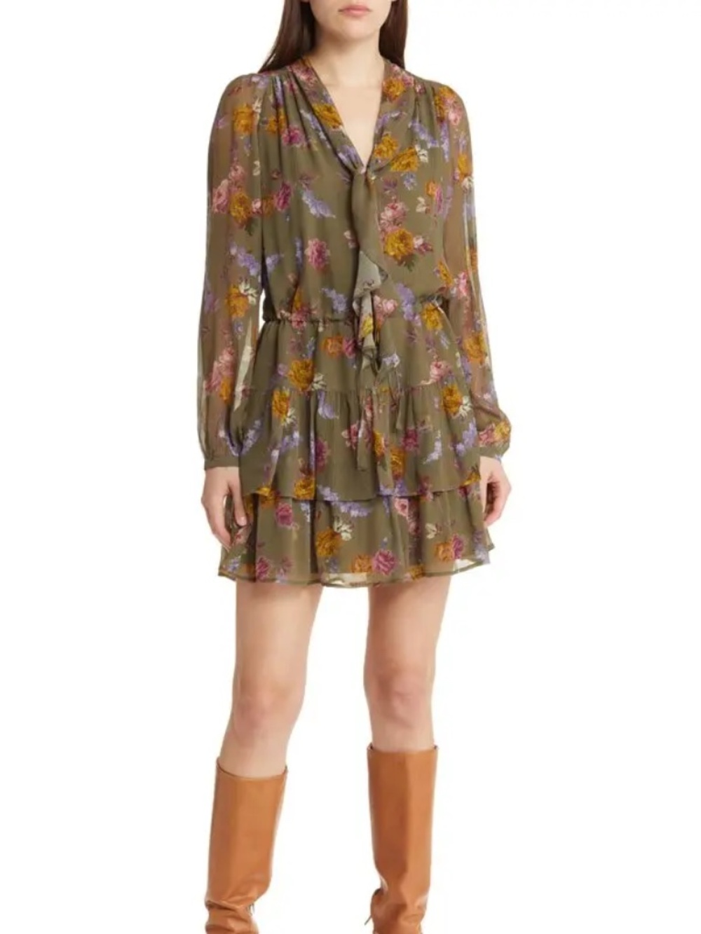 Paige Elynne Floral Long Sleeve Silk Chiffon Dress In Moss - size XS - Picture 6 of 9